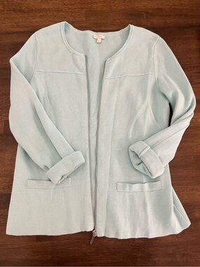 Talbots Pastel Blue Collarless Zip-Front Blazer Sweater 100% Cotton Classic SZ S